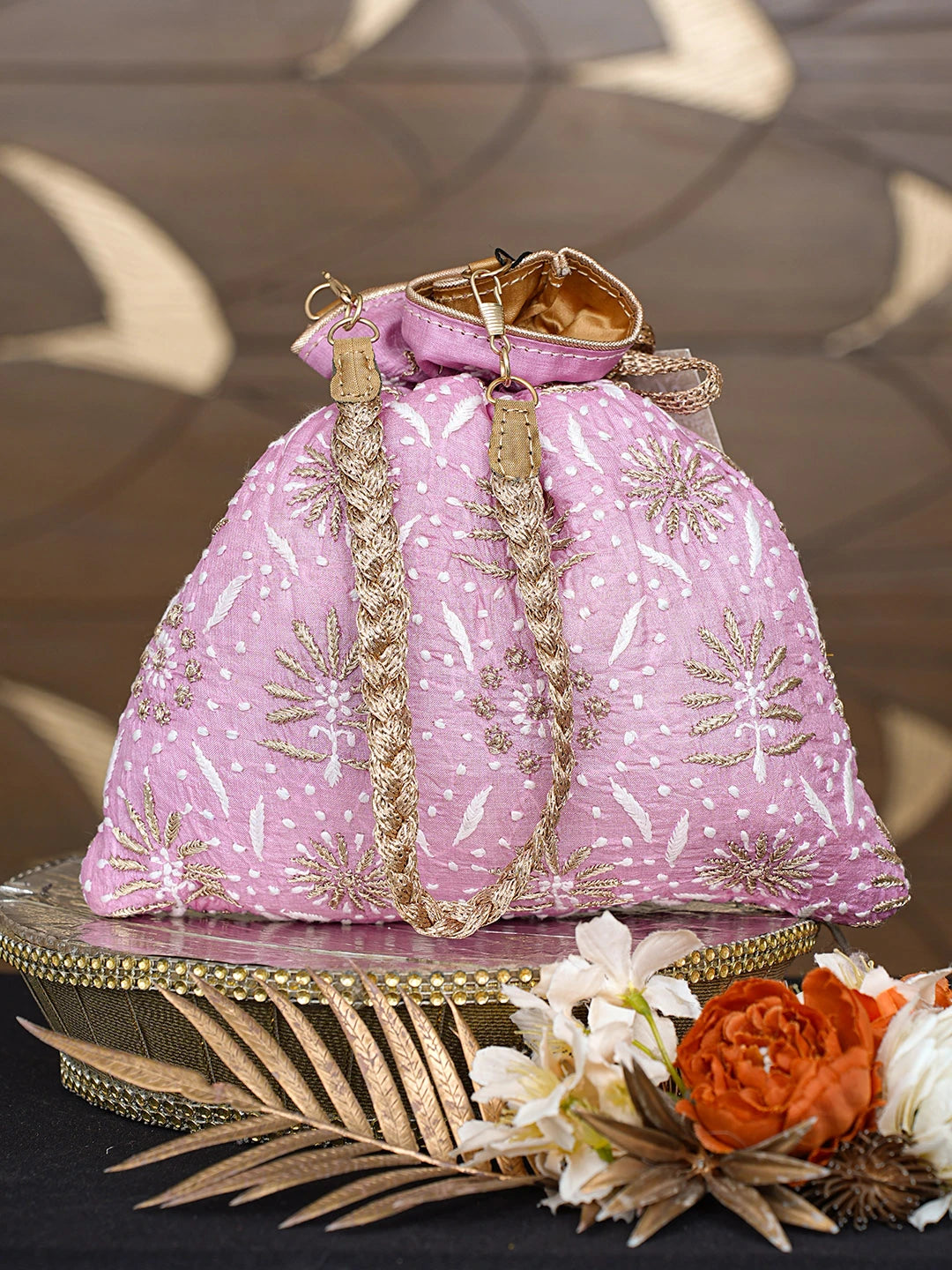 Ada Hand Embroidered Pink Silk Lucknowi Chikankari Potli Bag With Zari Work 01A793836