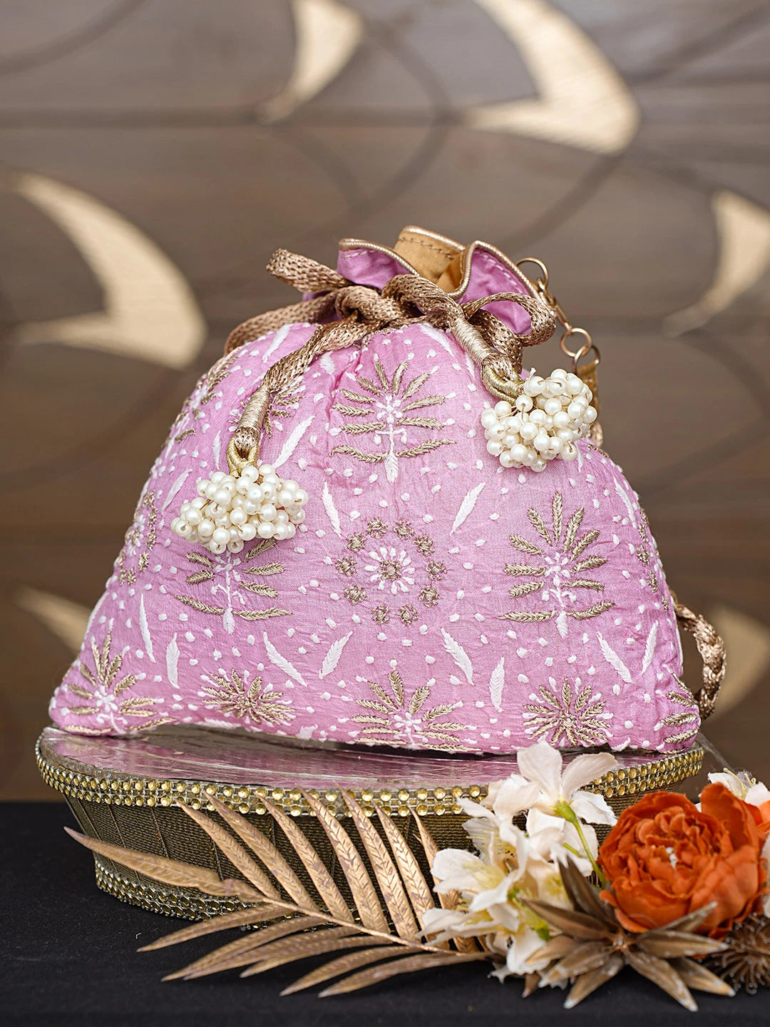 Ada Hand Embroidered Pink Silk Lucknowi Chikankari Potli Bag With Zari Work 01A793836