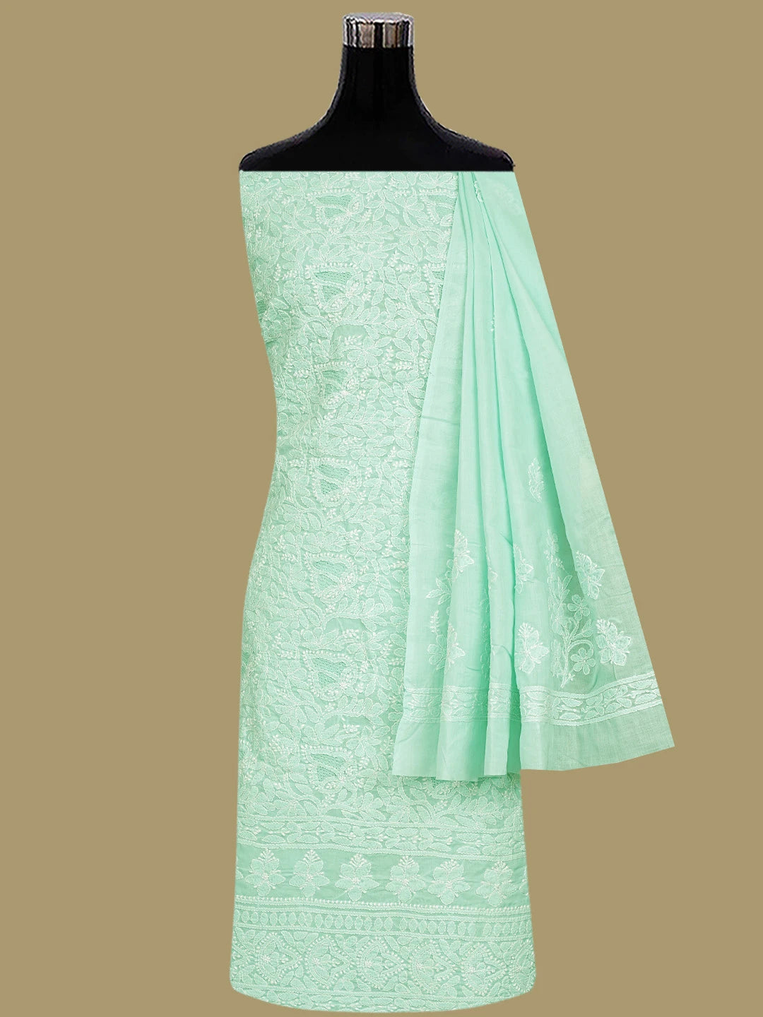 Ada Hand Embroidered Sea Green Cotton Lucknowi Chikankari Unstitched Suit Piece 01A832149