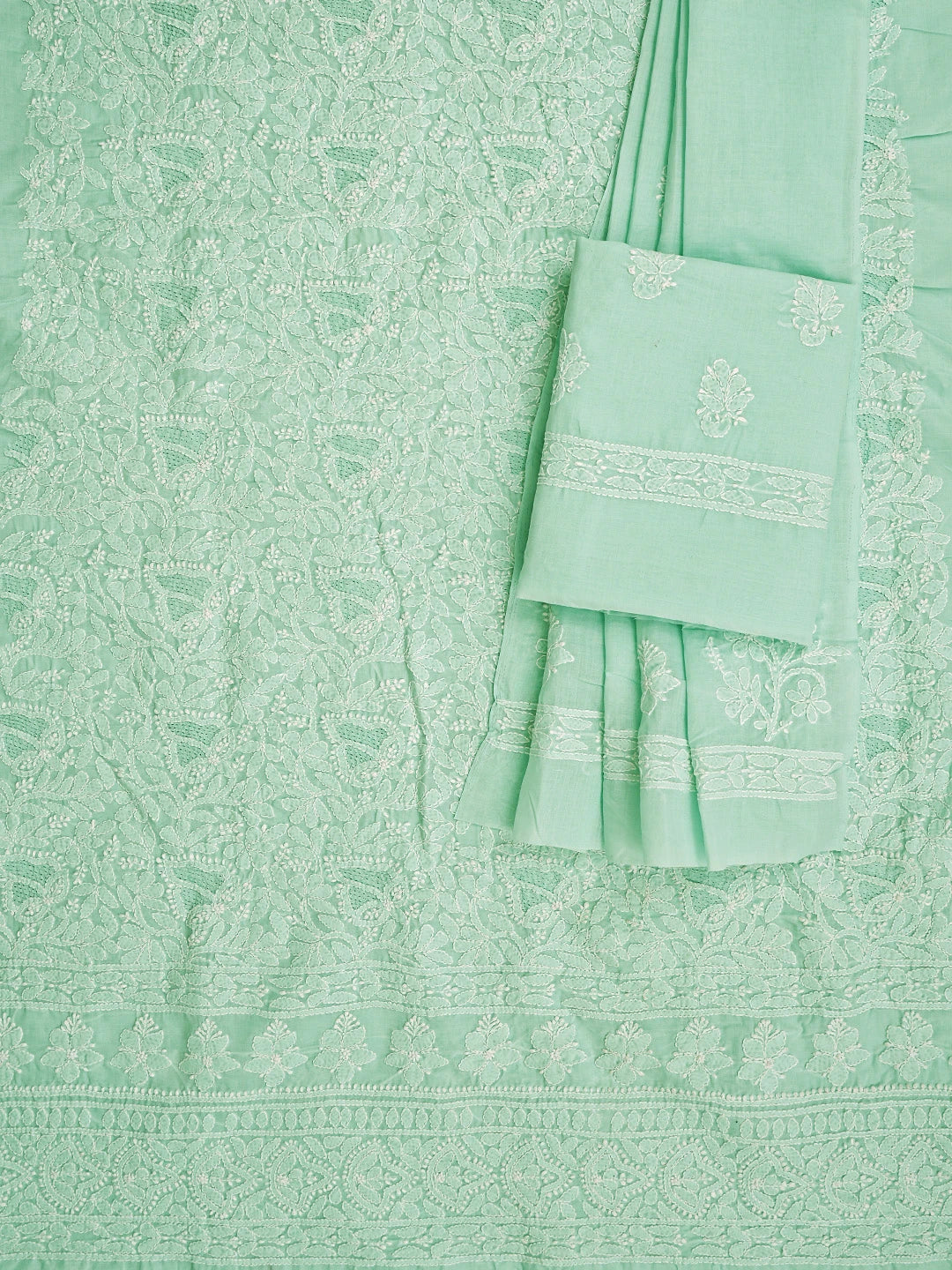 Ada Hand Embroidered Sea Green Cotton Lucknowi Chikankari Unstitched Suit Piece 01A832149