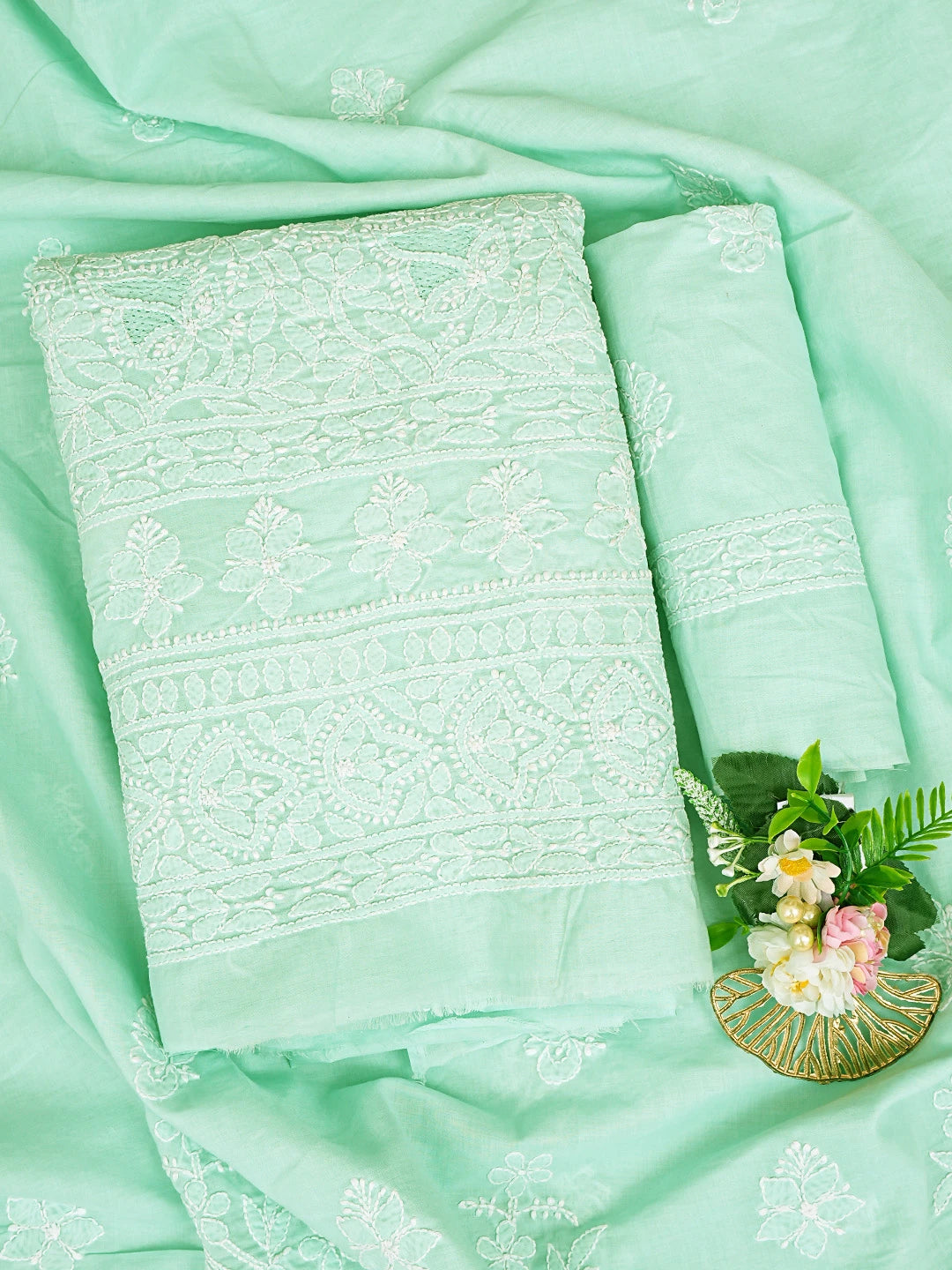 Ada Hand Embroidered Sea Green Cotton Lucknowi Chikankari Unstitched Suit Piece 01A832149