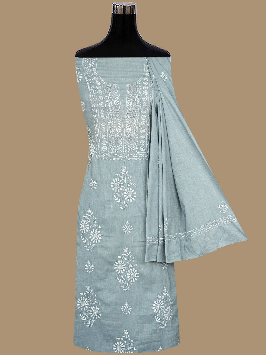 Ada Hand Embroidered Grey Cotton Lucknowi Chikankari Unstitched Suit Piece 01A753350