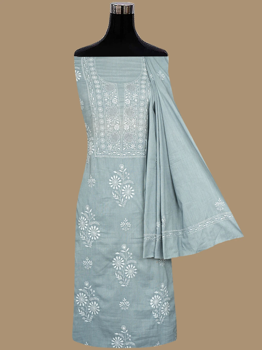 Ada Hand Embroidered Grey Cotton Lucknowi Chikankari Unstitched Suit Piece 01A753350