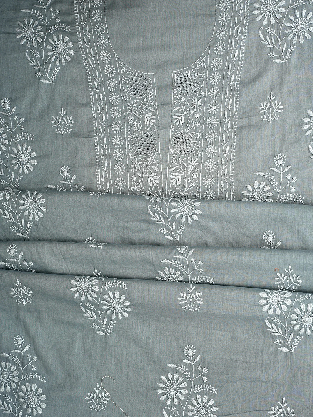 Ada Hand Embroidered Grey Cotton Lucknowi Chikankari Unstitched Suit Piece 01A753350
