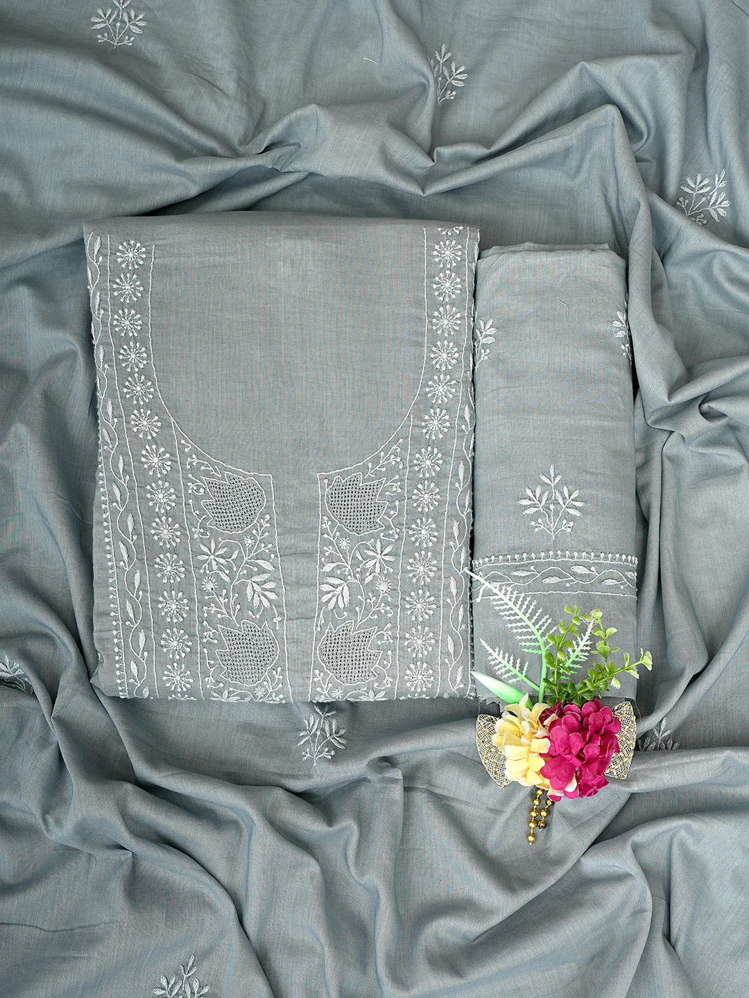 Ada Hand Embroidered Grey Cotton Lucknowi Chikankari Unstitched Suit Piece 01A753350