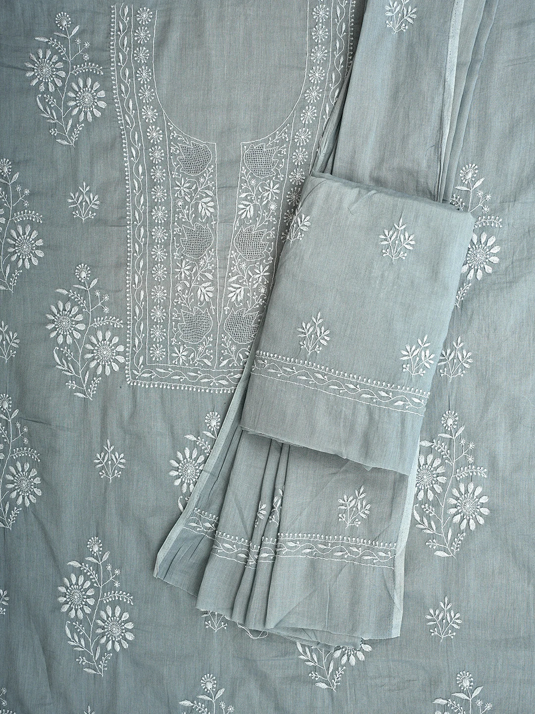 Ada Hand Embroidered Grey Cotton Lucknowi Chikankari Unstitched Suit Piece 01A753350