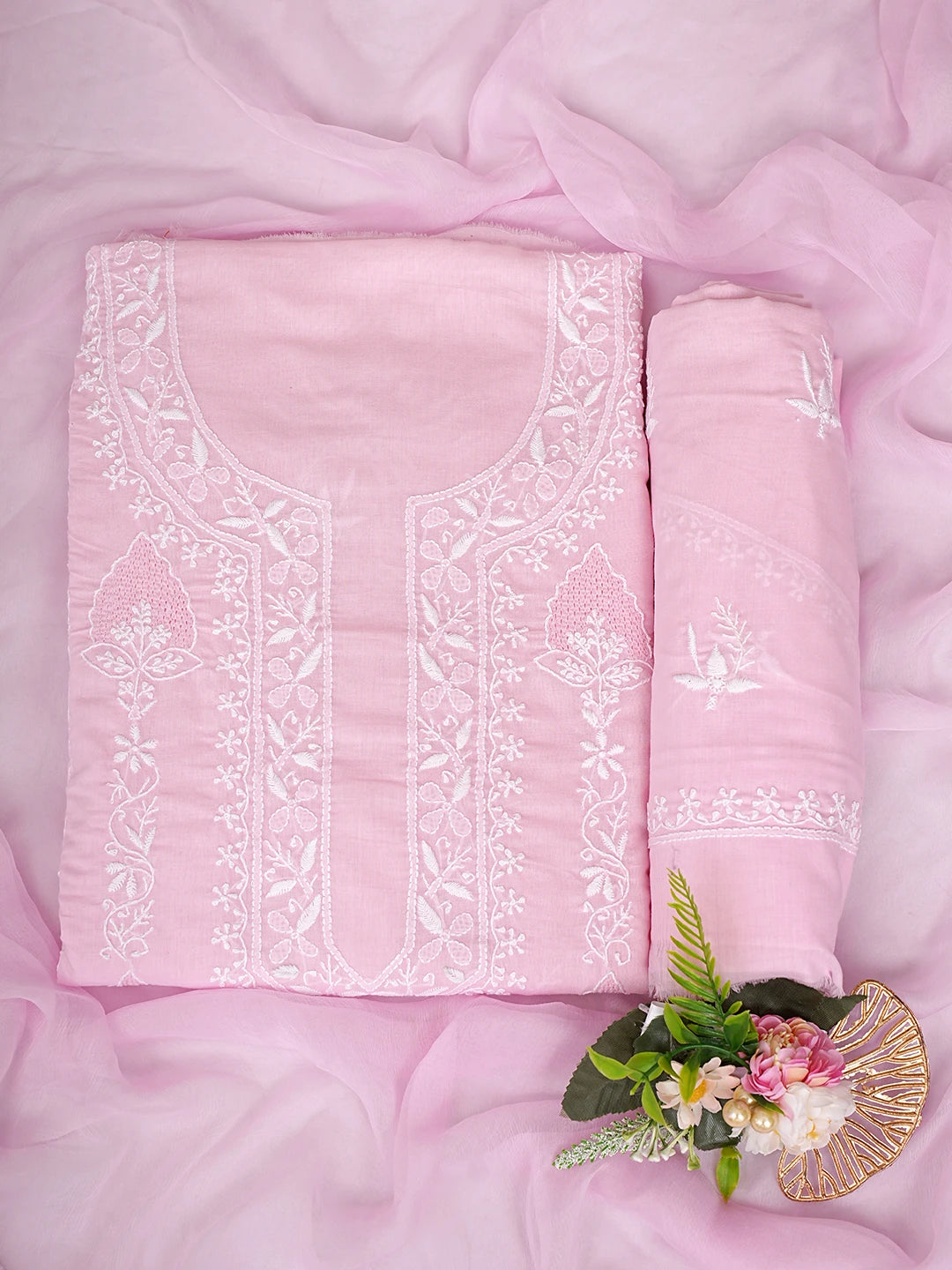 Ada Hand Embroidered Pink Cotton Lucknowi Chikankari Unstitched Suit Piece 01A773512