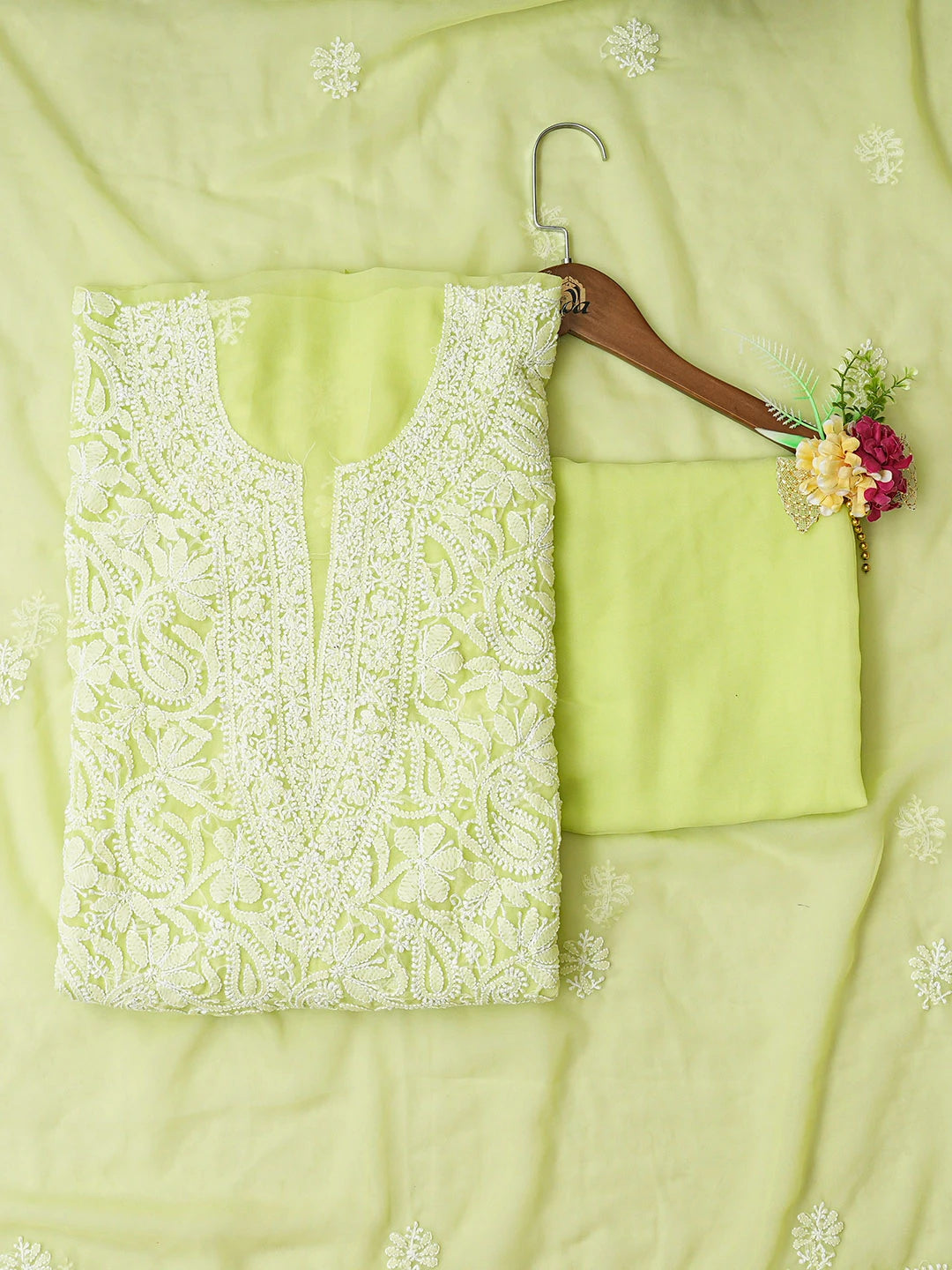 Ada Hand Embroidered Lime Green Georgette Lucknowi Chikankari Unstitched Suit Piece 01A779012