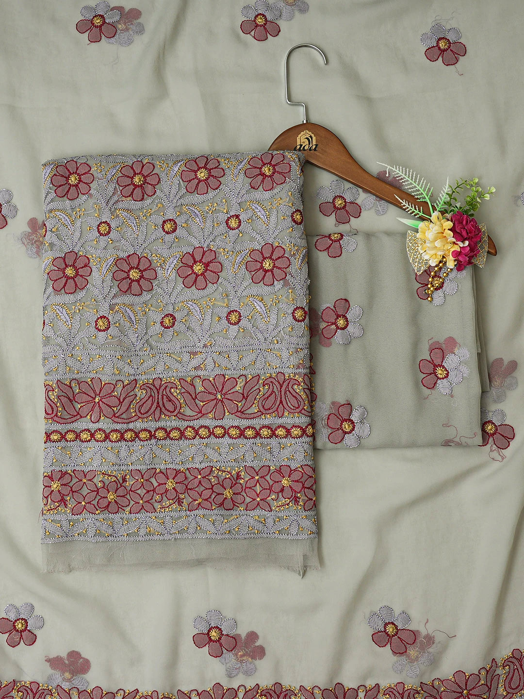 Ada Hand Embroidered Grey Georgette Lucknowi Chikankari Unstitched Suit Piece 01A726766