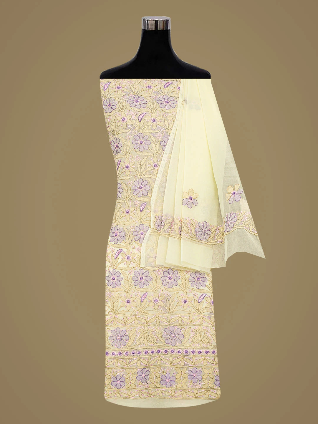 Ada Hand Embroidered Lemon Georgette Lucknowi Chikankari Unstitched Suit Piece 01A833120