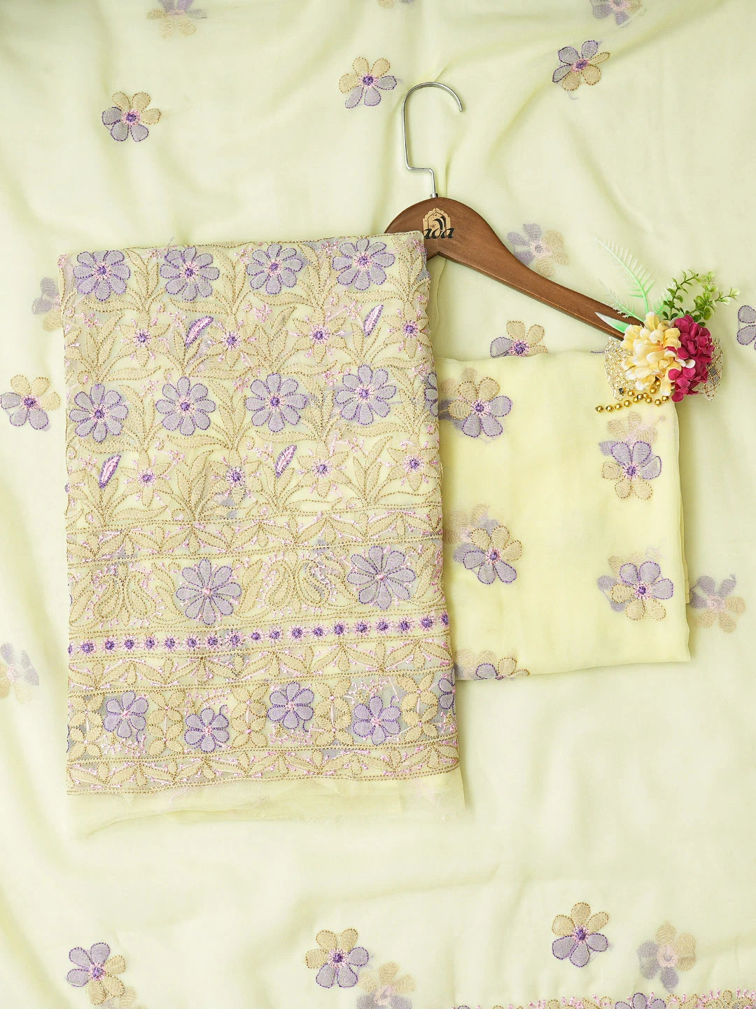 Ada Hand Embroidered Lemon Georgette Lucknowi Chikankari Unstitched Suit Piece 01A833120