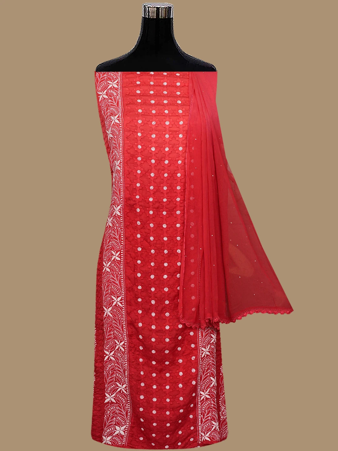 Ada Hand Embroidered Red  Modal Lucknowi Chikankari Unstitched Suit Piece With Muqaish Work 01A853365