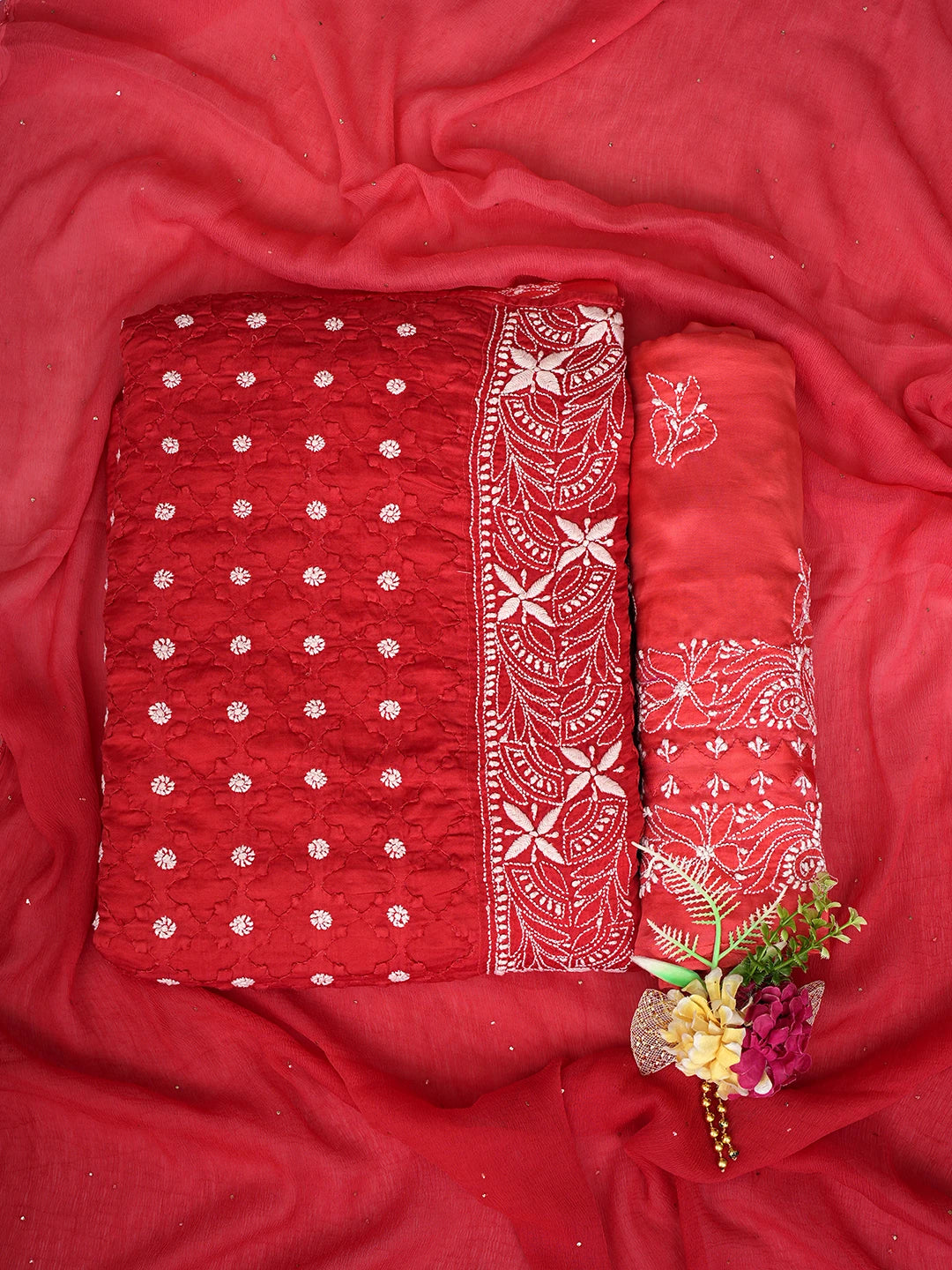 Ada Hand Embroidered Red  Modal Lucknowi Chikankari Unstitched Suit Piece With Muqaish Work 01A853365