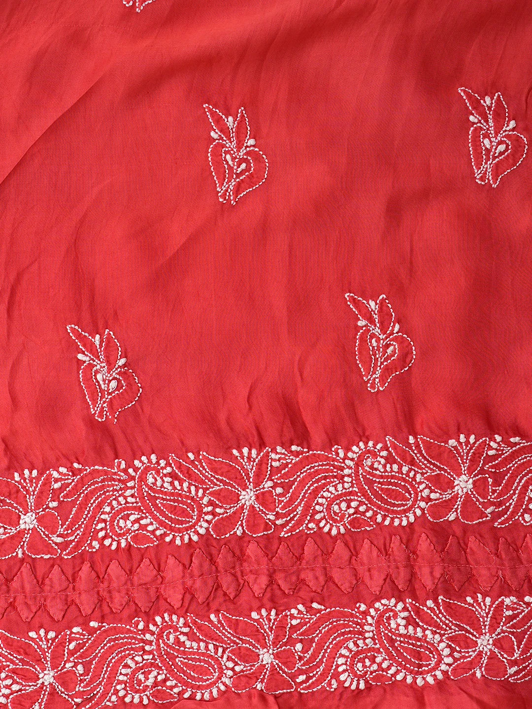 Ada Hand Embroidered Red  Modal Lucknowi Chikankari Unstitched Suit Piece With Muqaish Work 01A853365