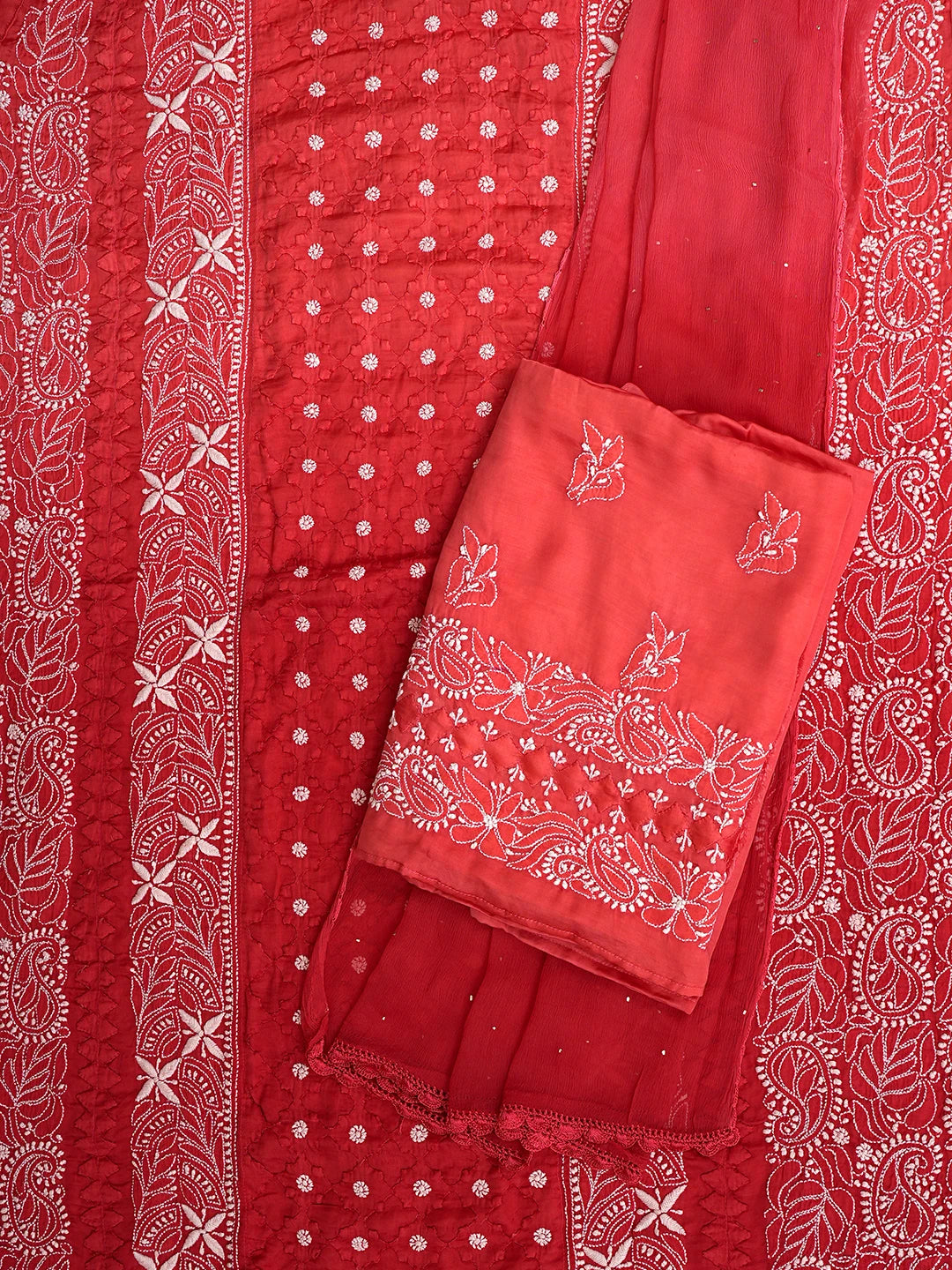 Ada Hand Embroidered Red  Modal Lucknowi Chikankari Unstitched Suit Piece With Muqaish Work 01A853365