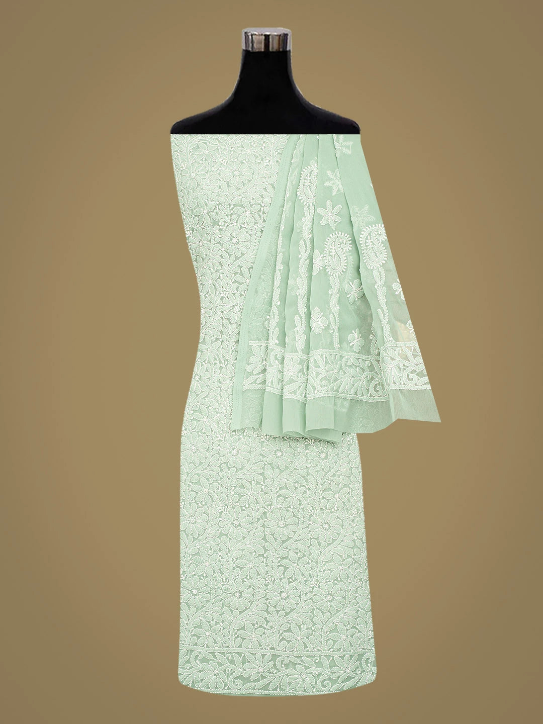 Ada Hand Embroidered Pista Green Georgette Lucknowi Chikankari Unstitched Suit Piece 01A346884