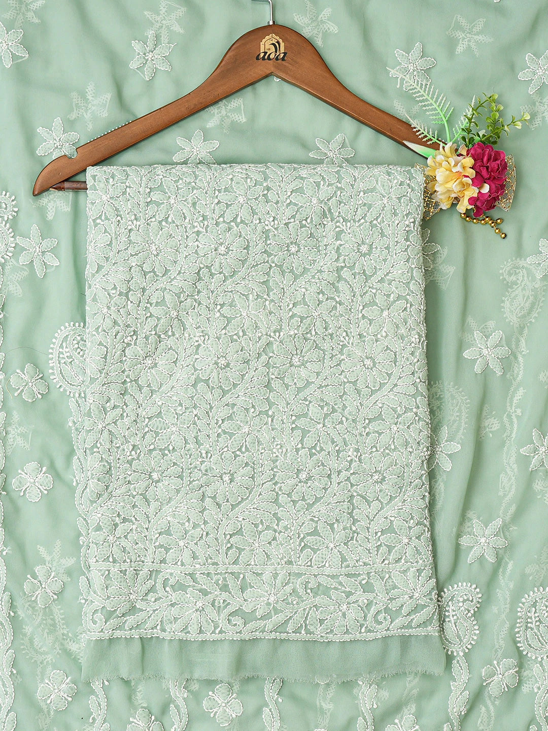 Ada Hand Embroidered Pista Green Georgette Lucknowi Chikankari Unstitched Suit Piece 01A346884