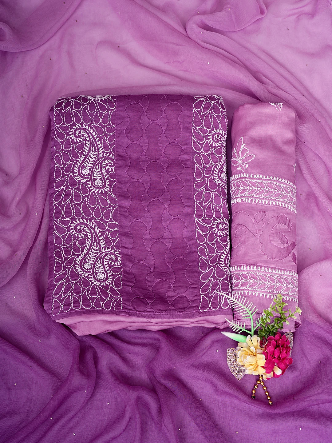 Ada Hand Embroidered Purple Modal Lucknowi Chikankari Unstitched Suit Piece With Muqaish Work 01A853378