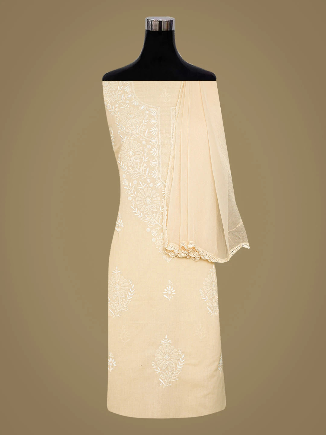 Ada Hand Embroidered Fawn Cotton Lucknowi Chikankari Unstitched Suit Piece 01A762921