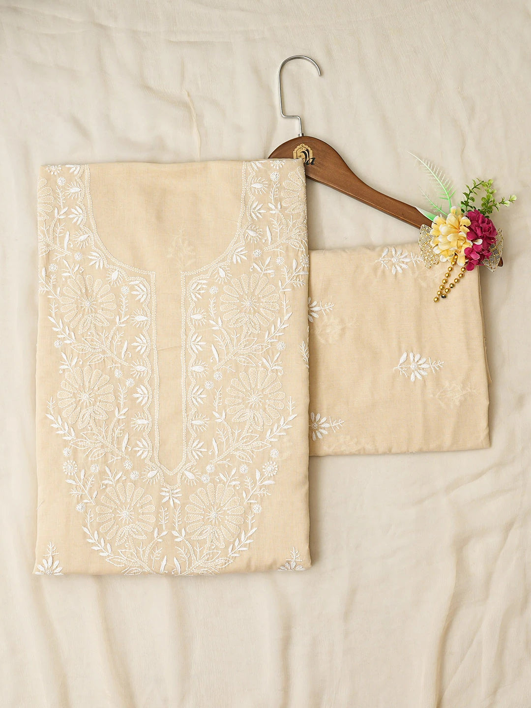 Ada Hand Embroidered Fawn Cotton Lucknowi Chikankari Unstitched Suit Piece 01A762921