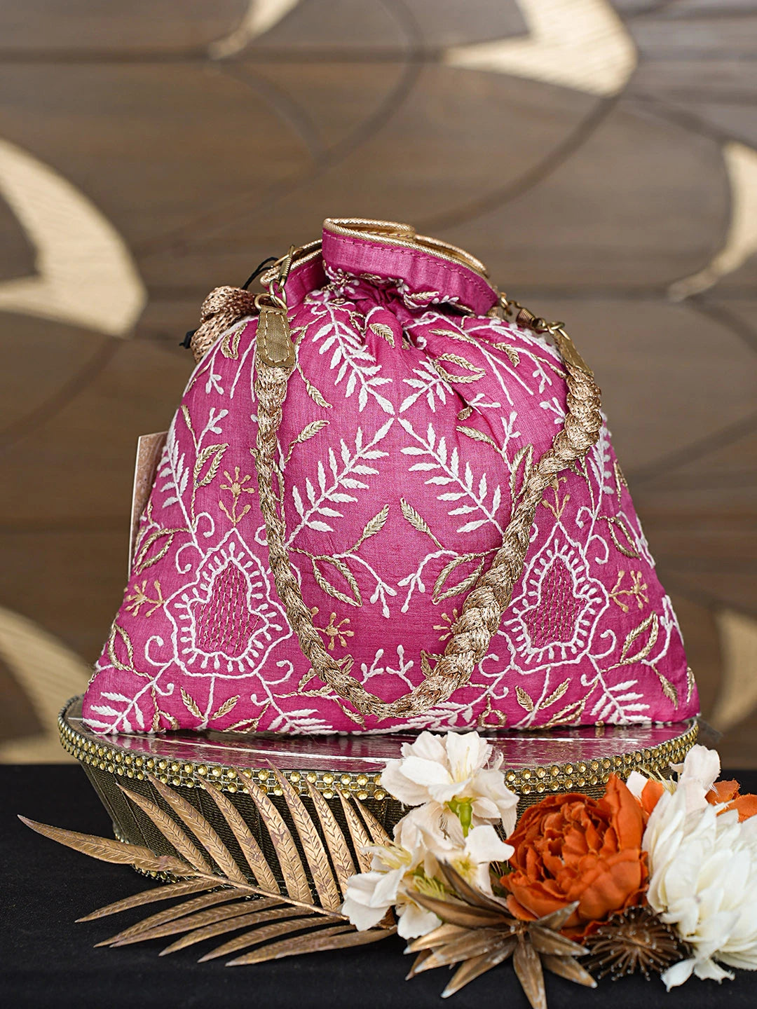 Ada Hand Embroidered Magenta Silk Lucknowi Chikankari Potli Bag With Zari Work 01A818777