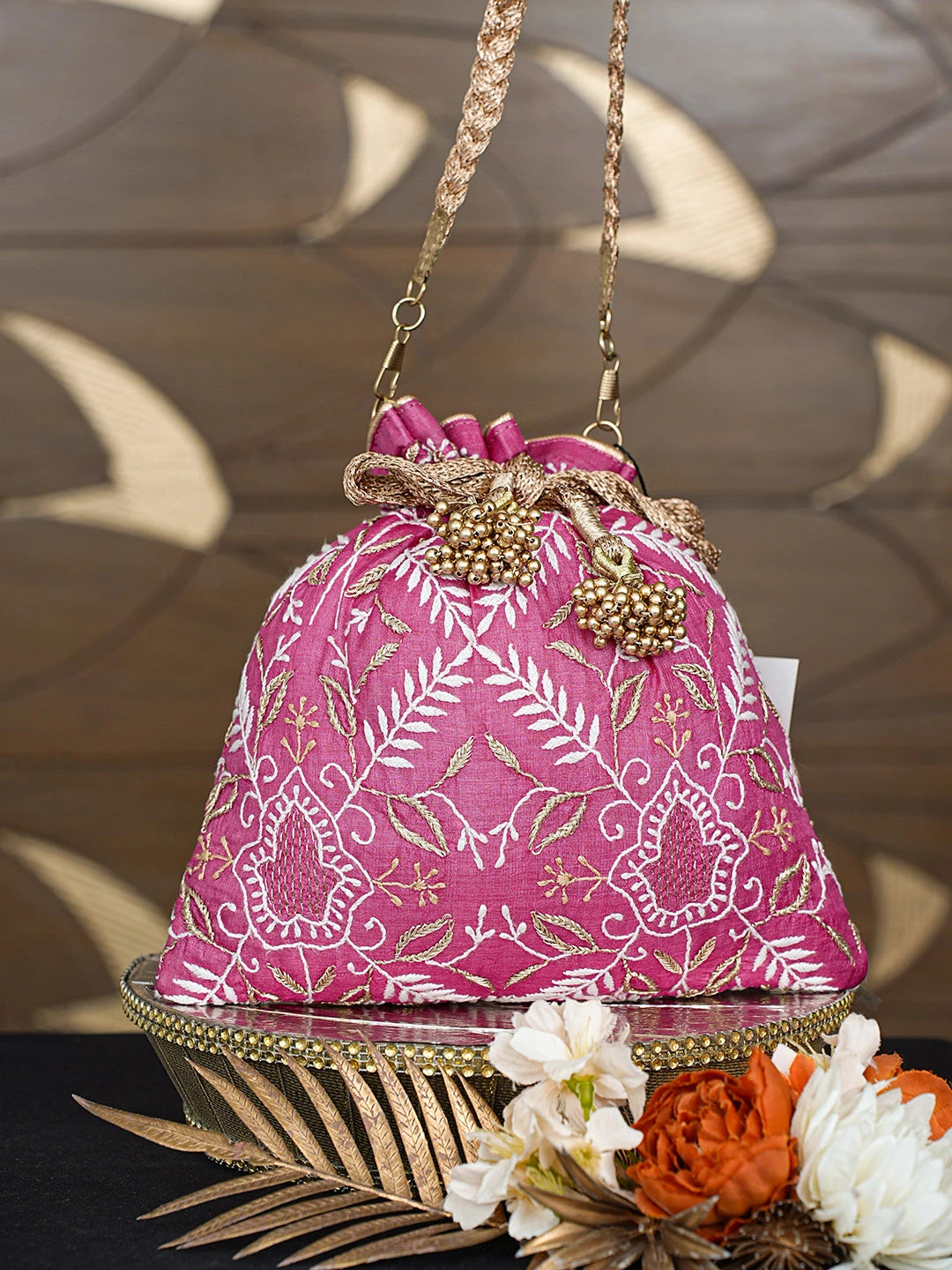 Ada Hand Embroidered Magenta Silk Lucknowi Chikankari Potli Bag With Zari Work 01A818777