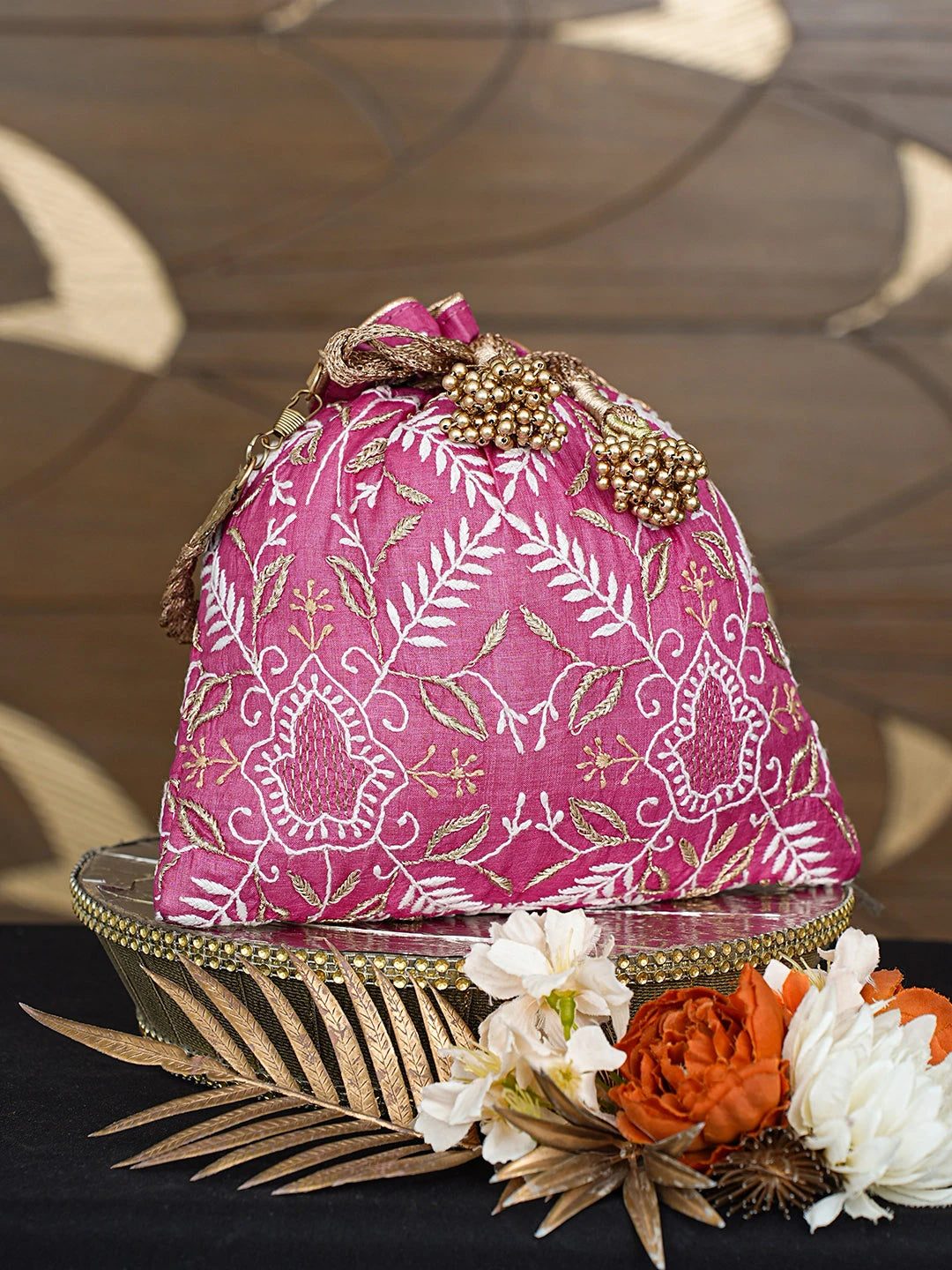 Ada Hand Embroidered Magenta Silk Lucknowi Chikankari Potli Bag With Zari Work 01A818777