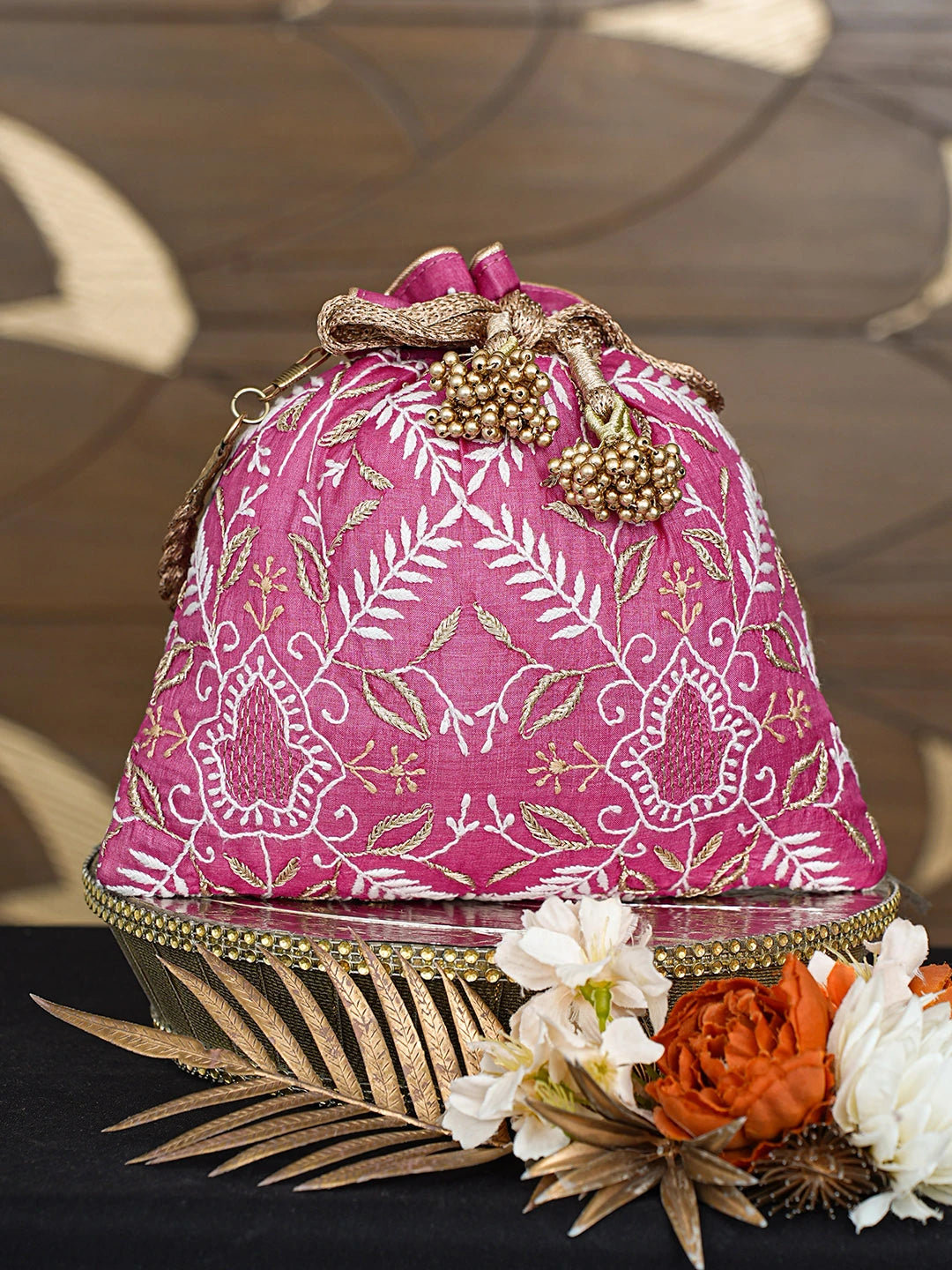 Ada Hand Embroidered Magenta Silk Lucknowi Chikankari Potli Bag With Zari Work 01A818777