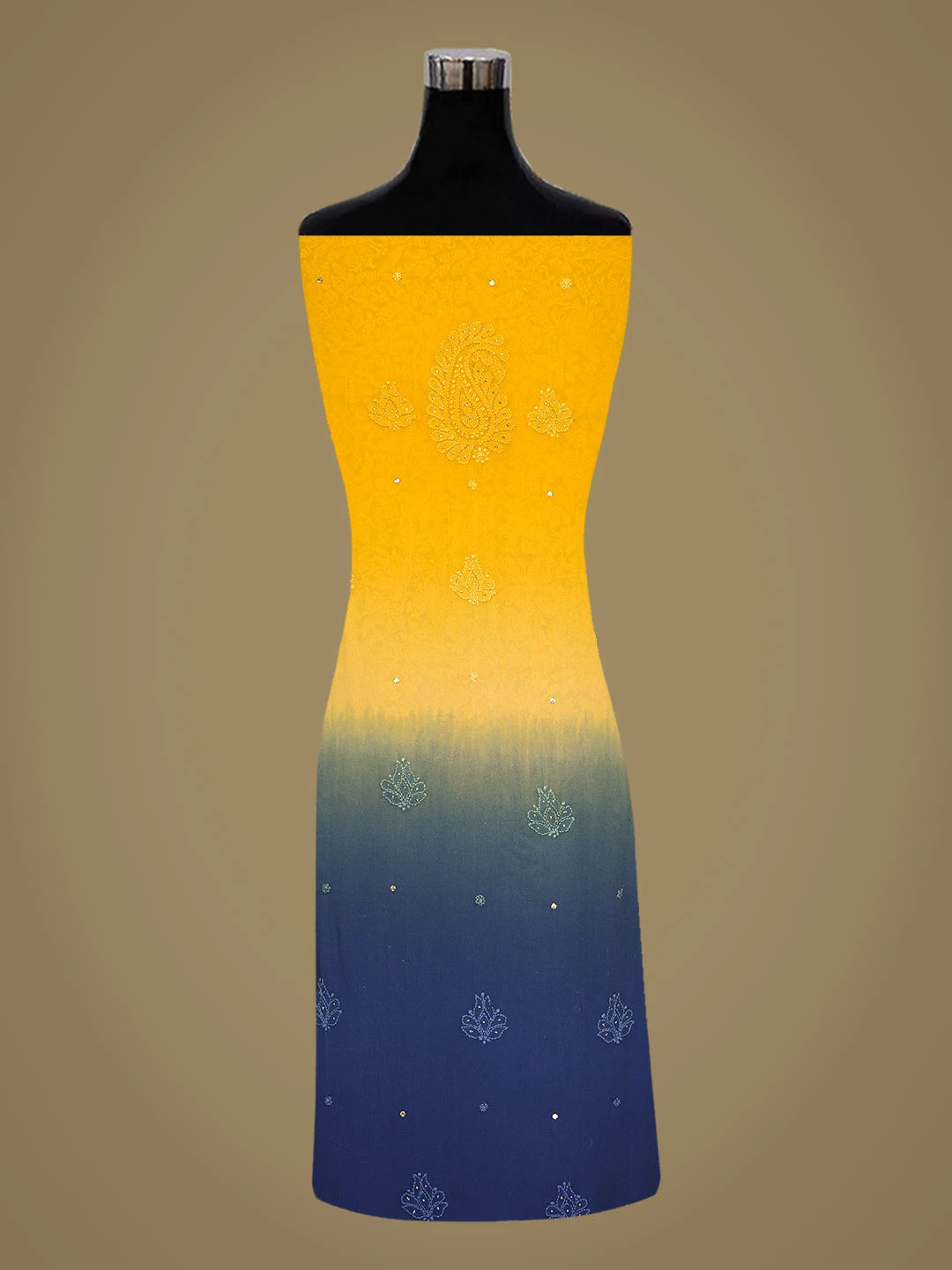 Ada Hand Embroidered Ombre Shade Of Blue & Yellow Viscose Georgette Lucknowi Chikankari Unstitched Kurta Dupatta Set With Mukaish Work 01A751237