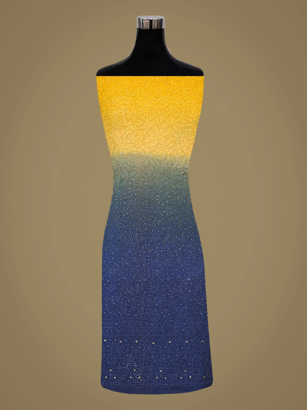 Ada Hand Embroidered Ombre Shade Of Blue & Yellow Viscose Georgette Lucknowi Chikankari Unstitched Kurta Dupatta Set With Mukaish Work 01A751237