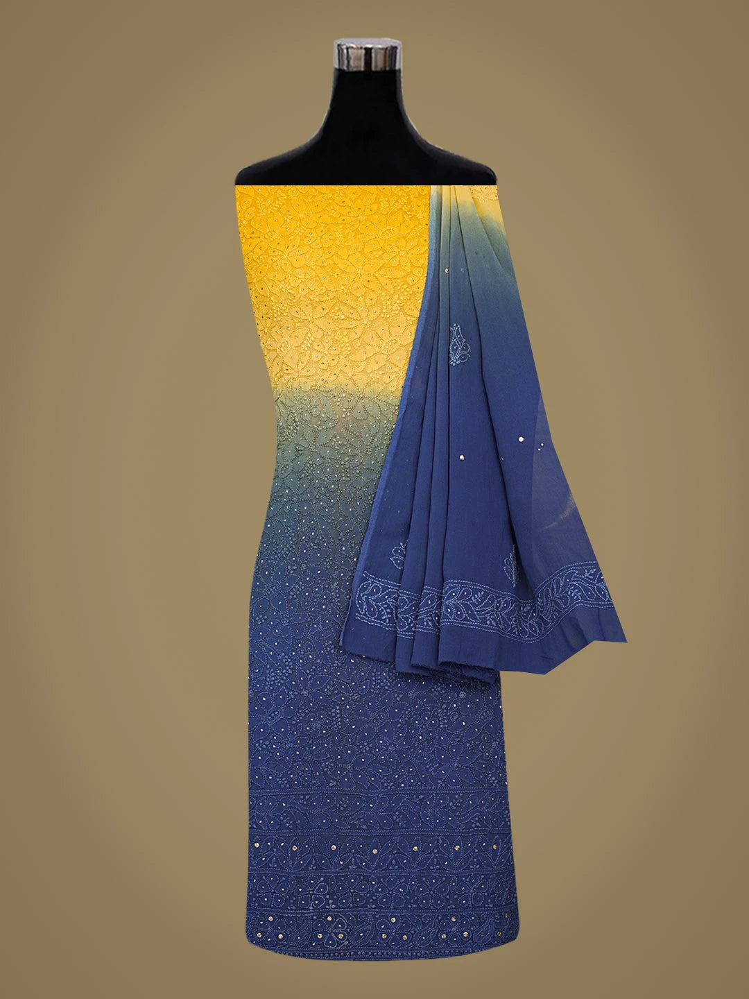 Ada Hand Embroidered Ombre Shade Of Blue & Yellow Viscose Georgette Lucknowi Chikankari Unstitched Kurta Dupatta Set With Mukaish Work 01A751237