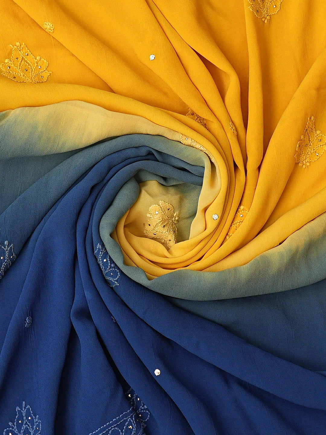 Ada Hand Embroidered Ombre Shade Of Blue & Yellow Viscose Georgette Lucknowi Chikankari Unstitched Kurta Dupatta Set With Mukaish Work 01A751237
