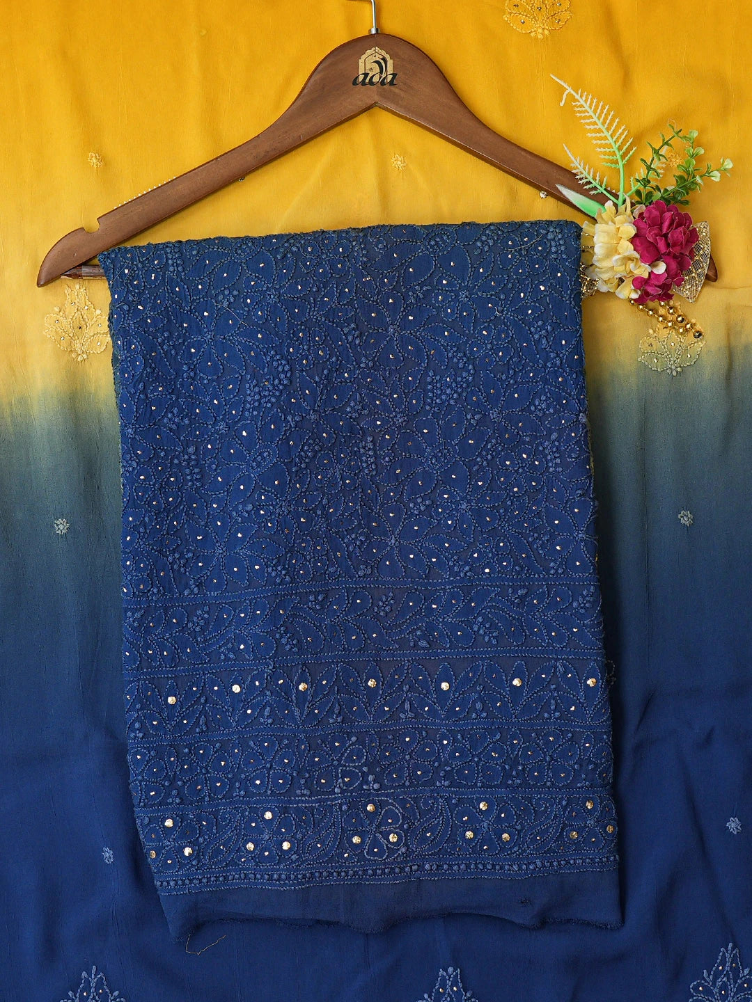 Ada Hand Embroidered Ombre Shade Of Blue & Yellow Viscose Georgette Lucknowi Chikankari Unstitched Kurta Dupatta Set With Mukaish Work 01A751237