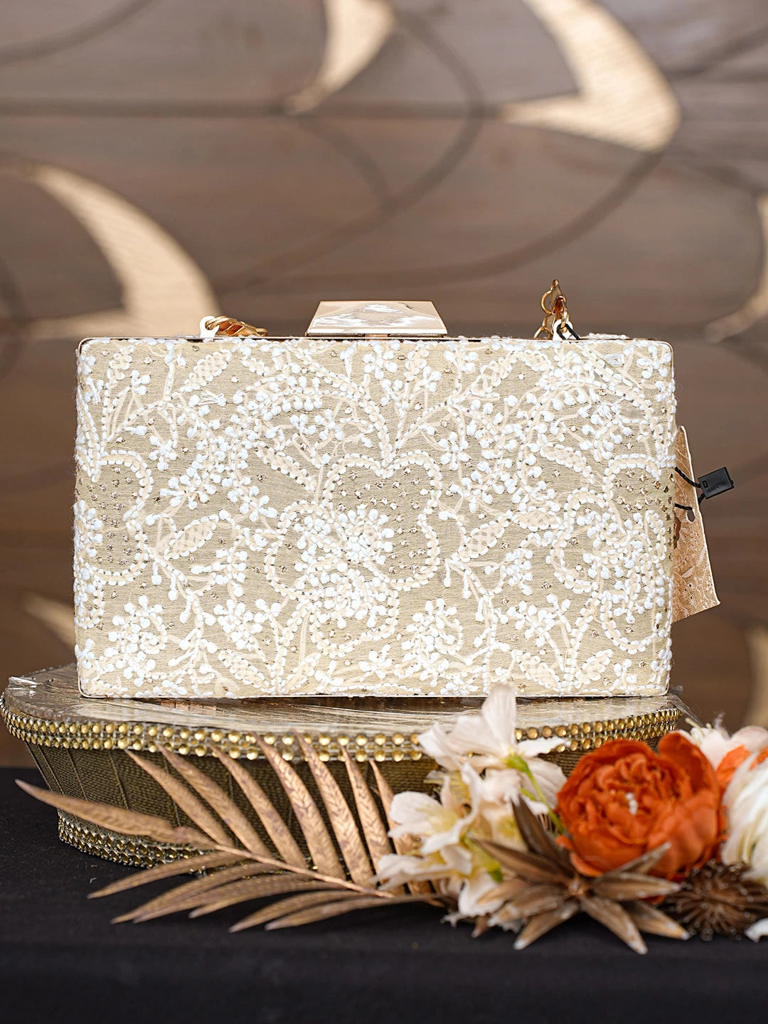 Ada Hand Embroidered Fawn Silk Lucknowi Chikankari Clutch With Mukaish Work 01A759029