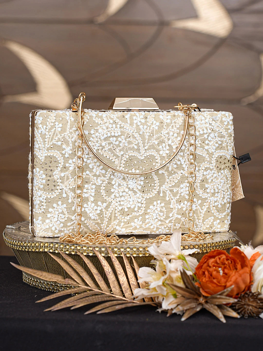Ada Hand Embroidered Fawn Silk Lucknowi Chikankari Clutch With Mukaish Work 01A759029