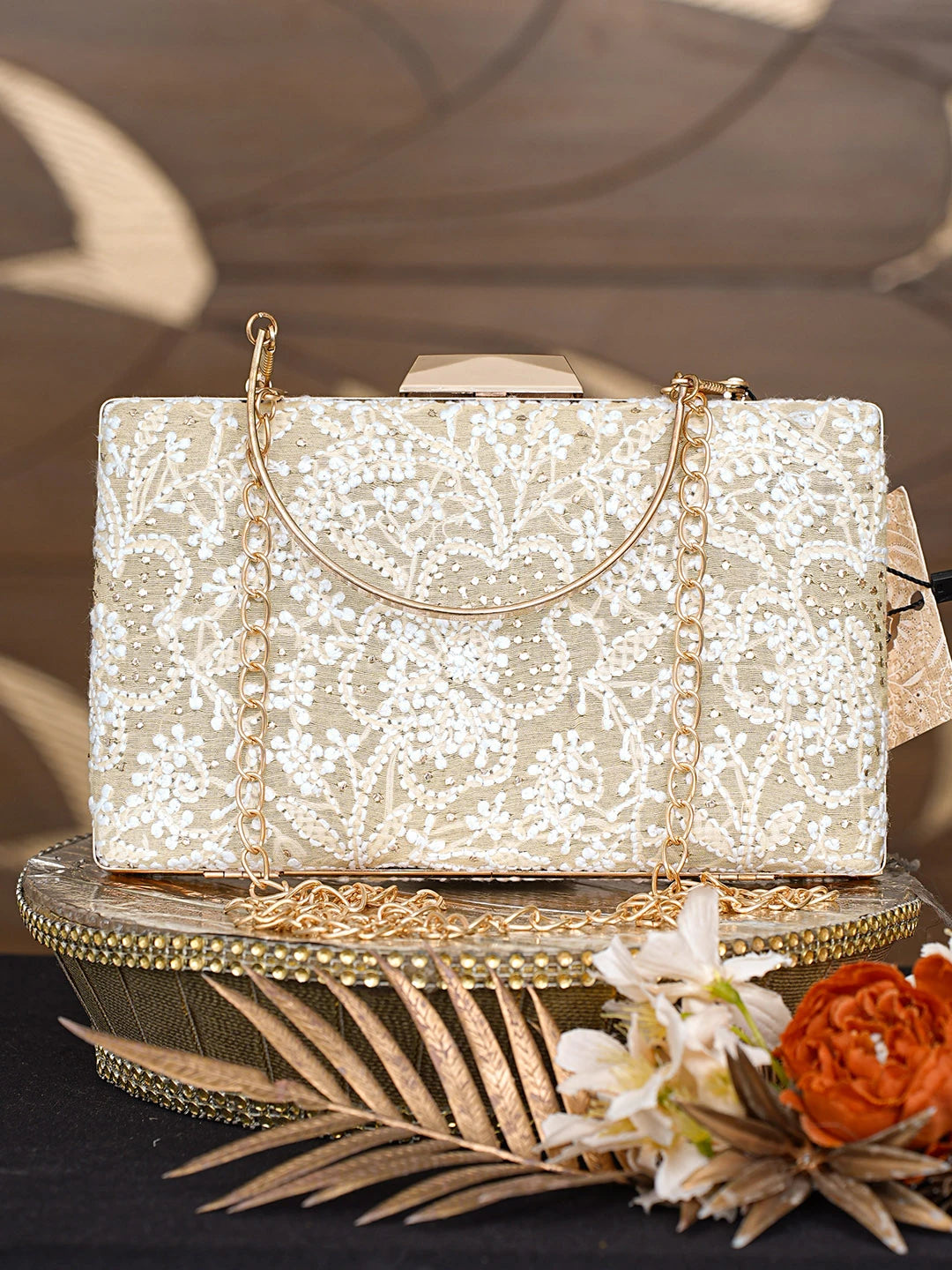 Ada Hand Embroidered Fawn Silk Lucknowi Chikankari Clutch With Mukaish Work 01A759029