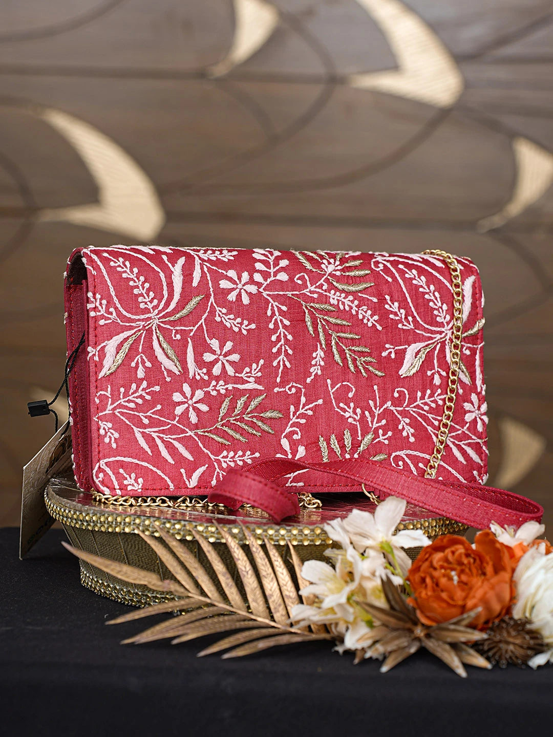 Ada Hand Embroidered Red Silk Lucknowi Chikankari Clutch With Zari Work 01A729728