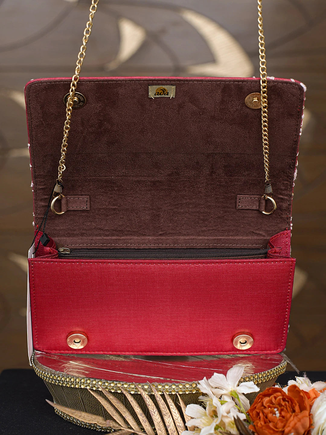 Ada Hand Embroidered Red Silk Lucknowi Chikankari Clutch With Zari Work 01A729728