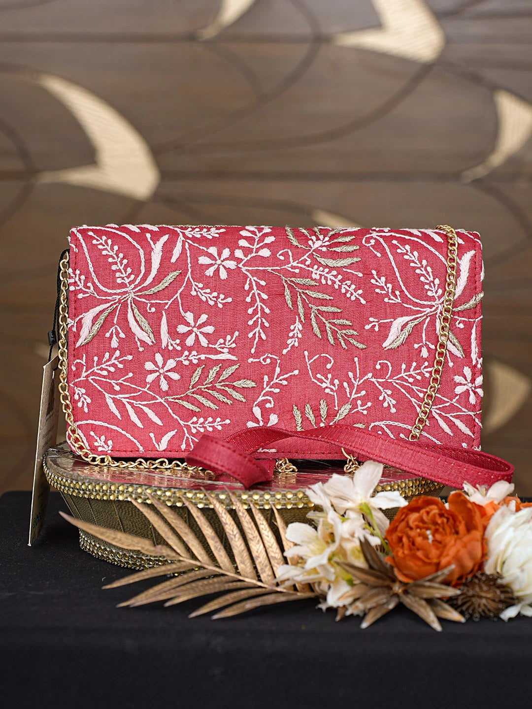 Ada Hand Embroidered Red Silk Lucknowi Chikankari Clutch With Zari Work 01A729728