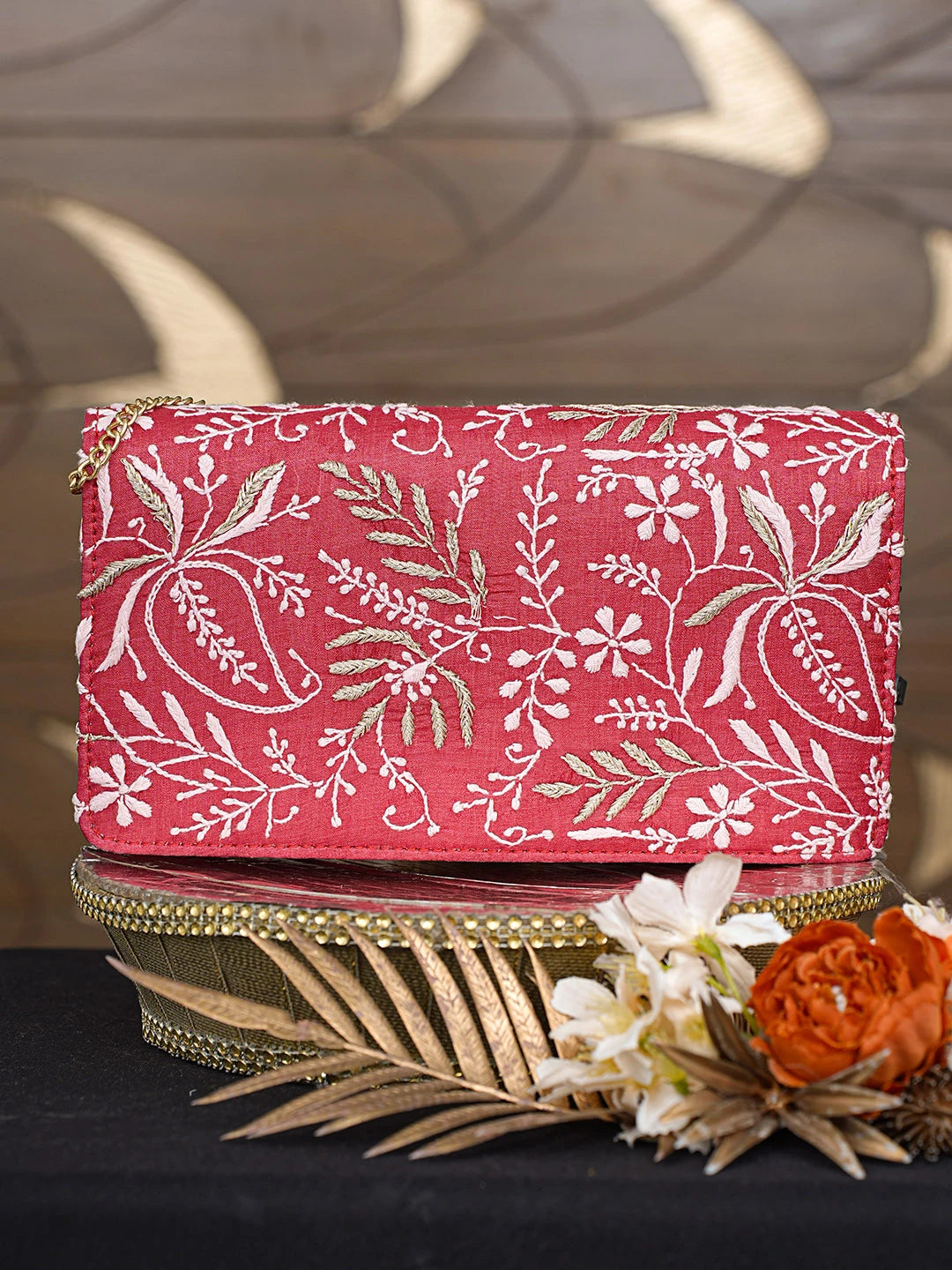 Ada Hand Embroidered Red Silk Lucknowi Chikankari Clutch With Zari Work 01A729728