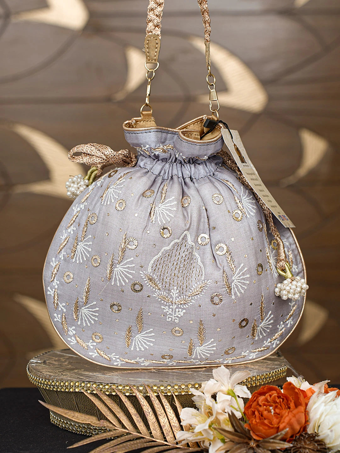 Ada Hand Embroidered Grey Silk Lucknowi Chikankari Potli Bag With Zari Work 01A718864