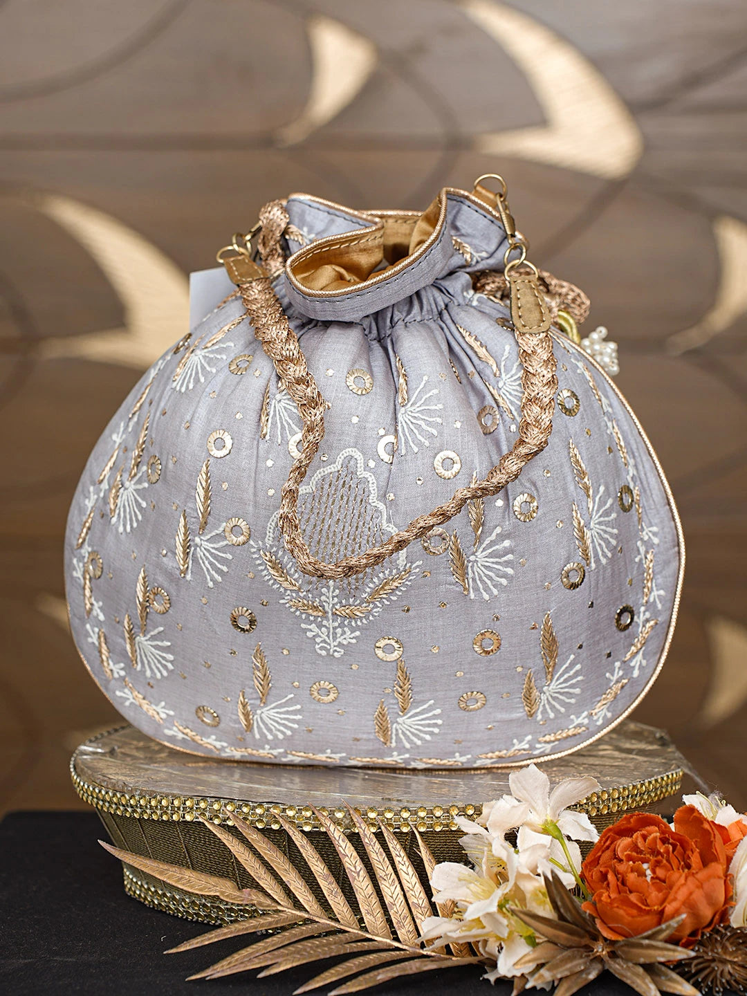 Ada Hand Embroidered Grey Silk Lucknowi Chikankari Potli Bag With Zari Work 01A718864