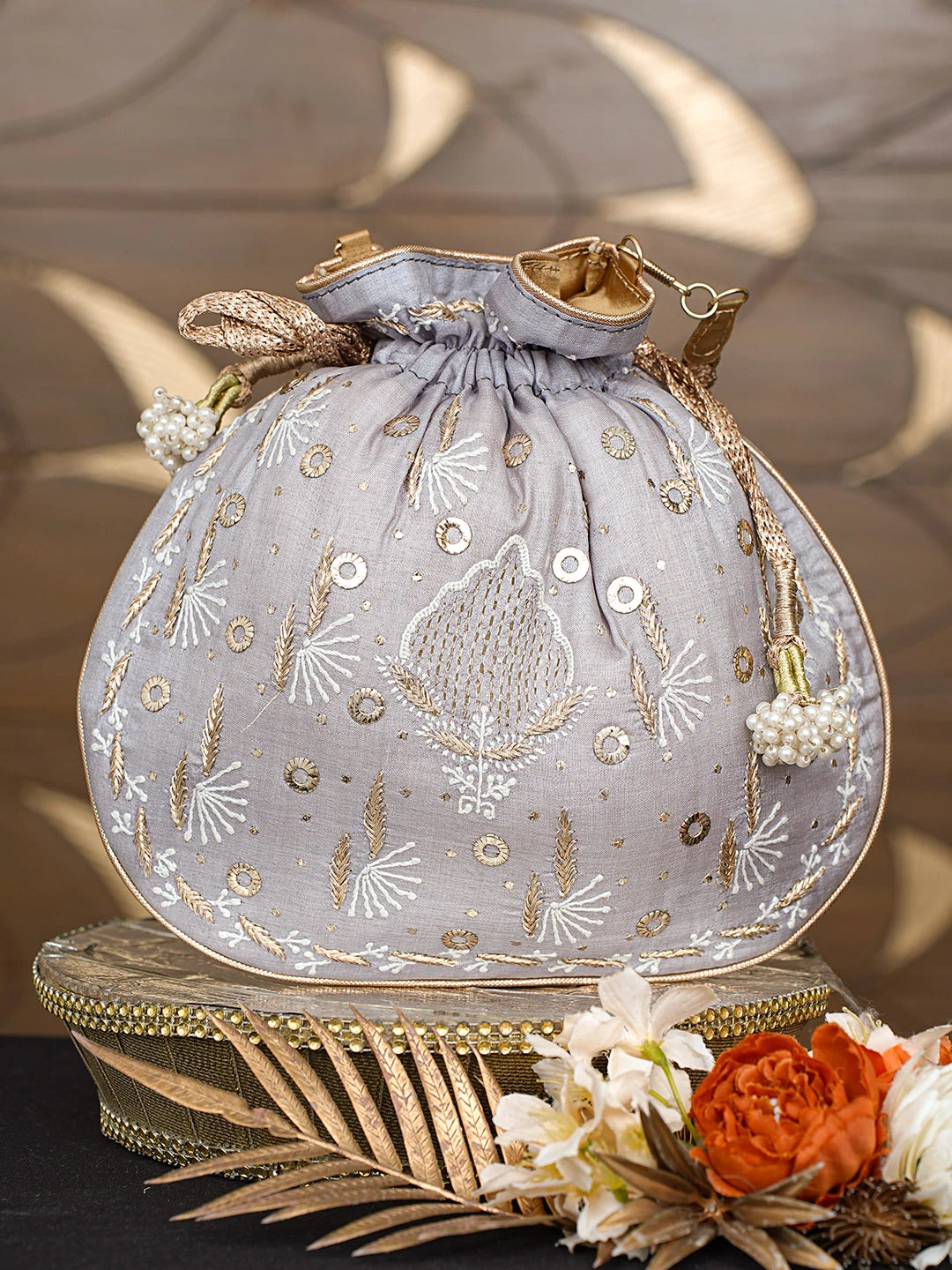 Ada Hand Embroidered Grey Silk Lucknowi Chikankari Potli Bag With Zari Work 01A718864