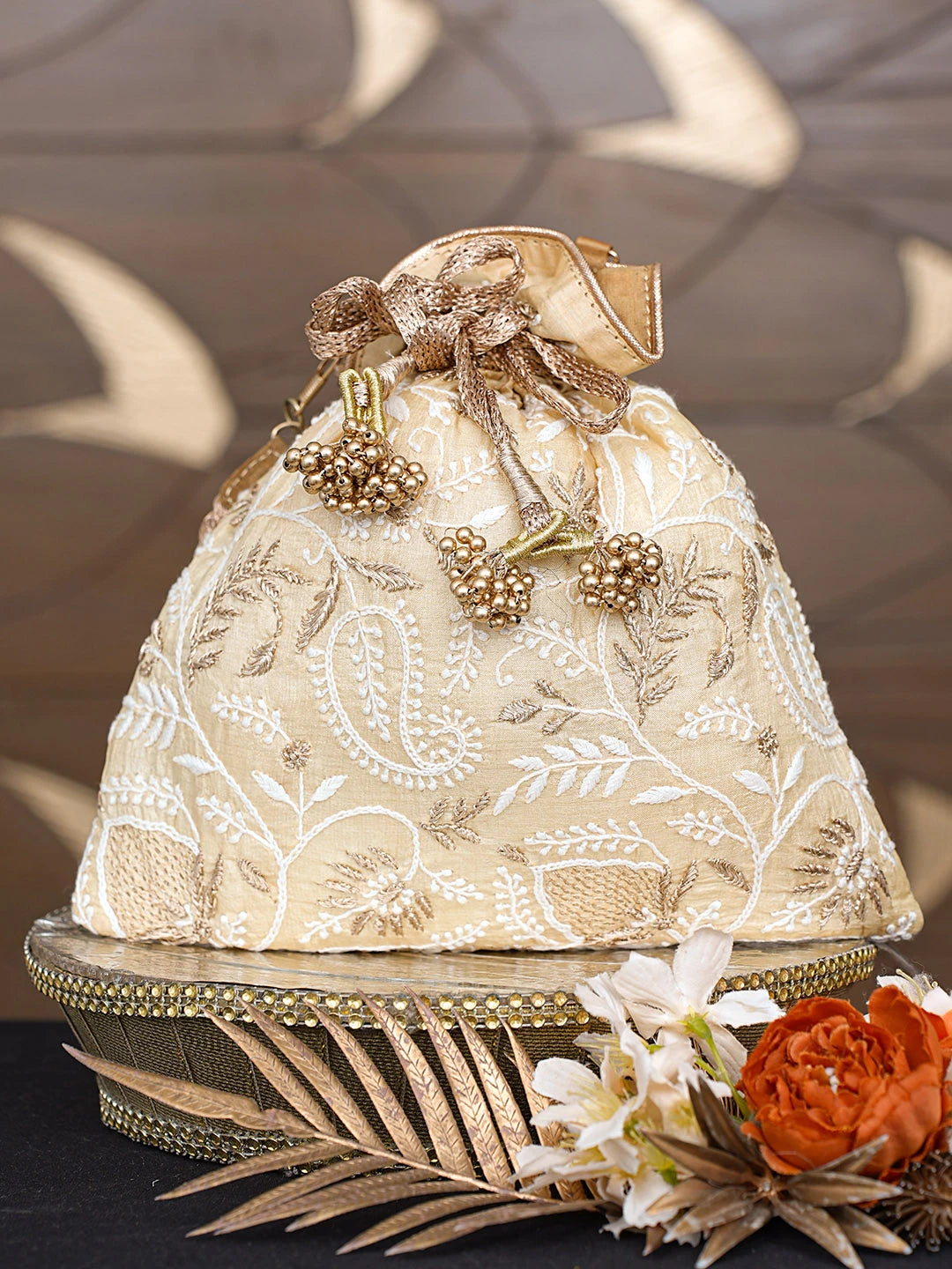 Ada Hand Embroidered Fawn Silk Lucknowi Chikankari Potli Bag With Zari Work 01A793811