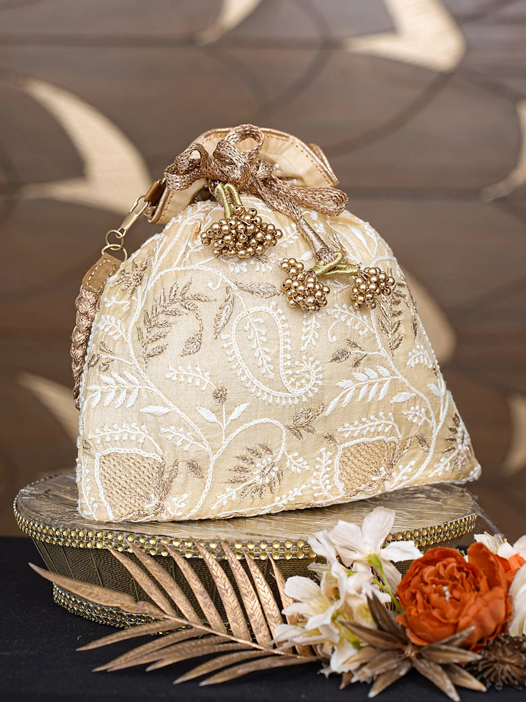Ada Hand Embroidered Fawn Silk Lucknowi Chikankari Potli Bag With Zari Work 01A793811
