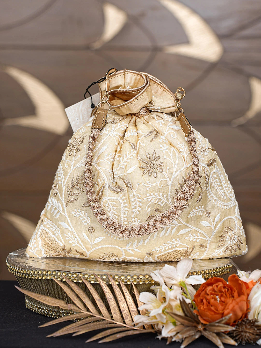Ada Hand Embroidered Fawn Silk Lucknowi Chikankari Potli Bag With Zari Work 01A793811