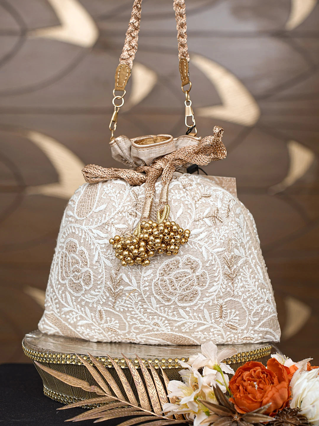 Ada Hand Embroidered Fawn Silk Lucknowi Chikankari Potli Bag With Zari Work 01A815461