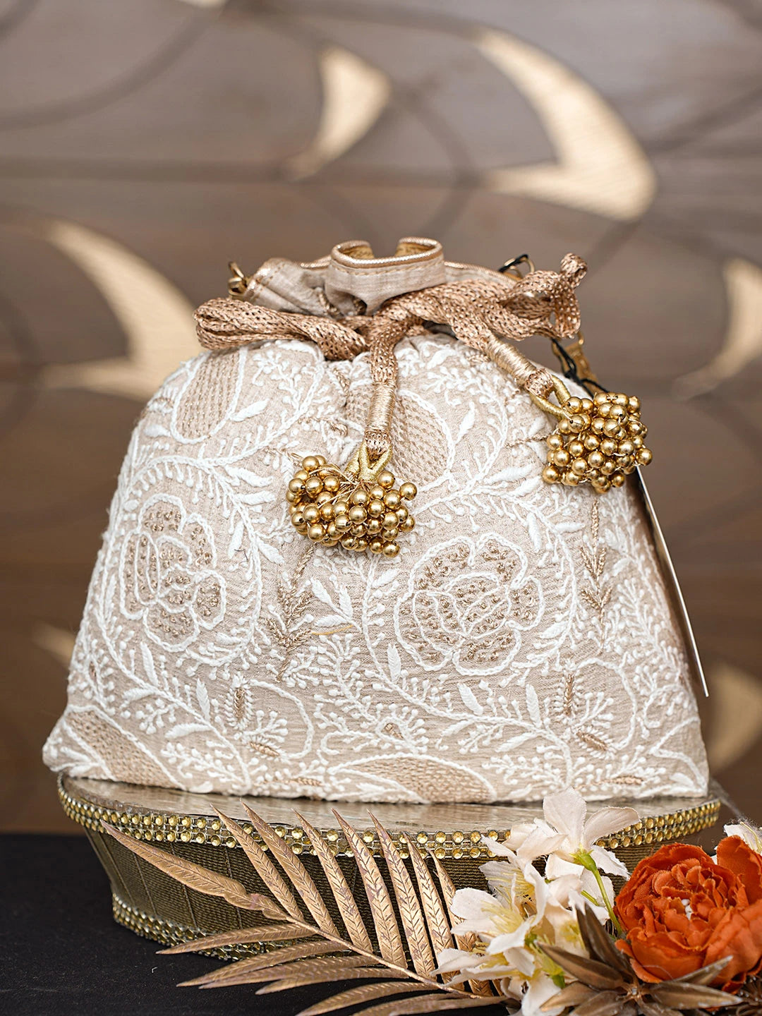 Ada Hand Embroidered Fawn Silk Lucknowi Chikankari Potli Bag With Zari Work 01A815461