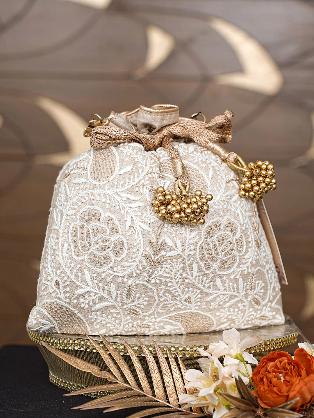 Ada Hand Embroidered Fawn Silk Lucknowi Chikankari Potli Bag With Zari Work 01A815461