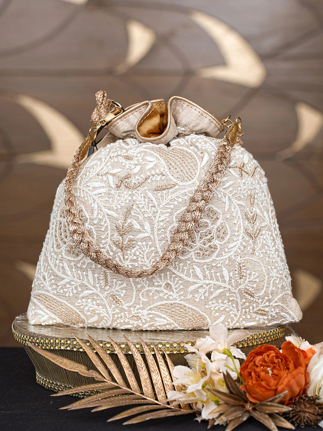 Ada Hand Embroidered Fawn Silk Lucknowi Chikankari Potli Bag With Zari Work 01A815461